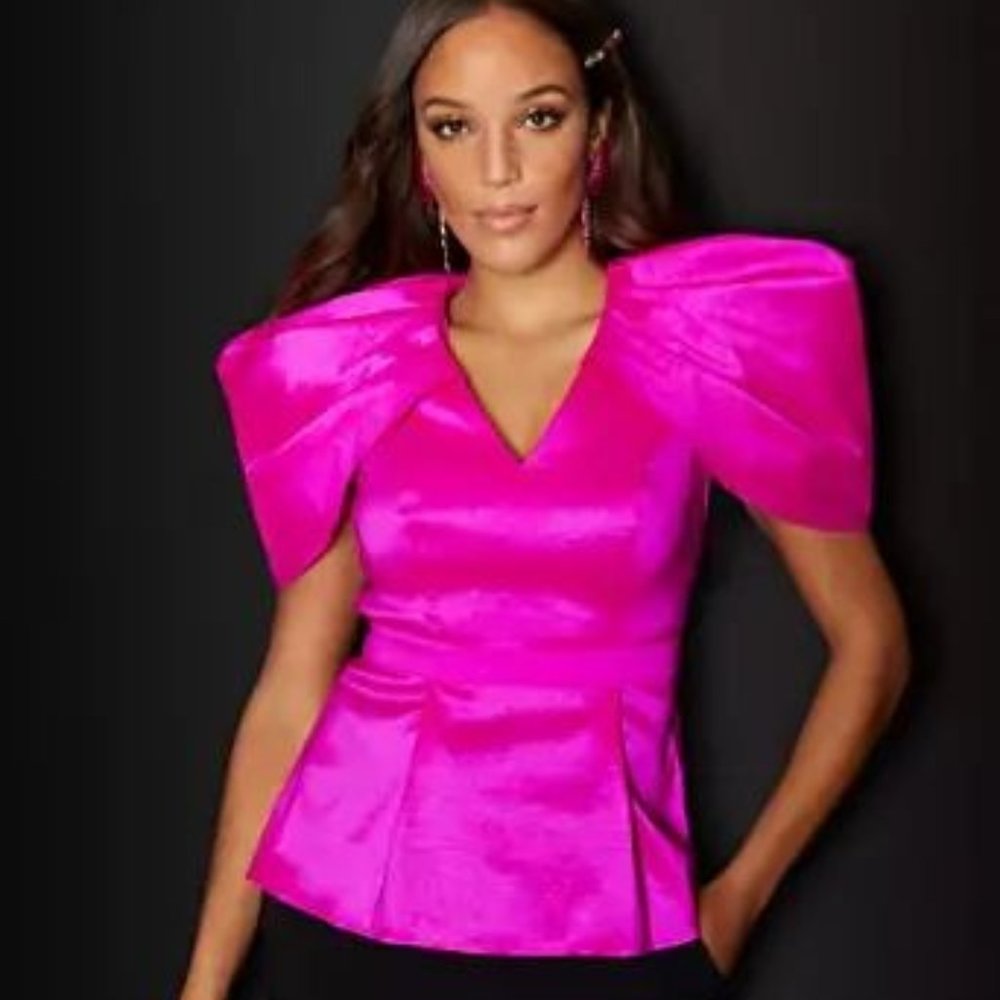 New York & Company Puff-Sleeve Peplum Top, Pink, XL, NWT